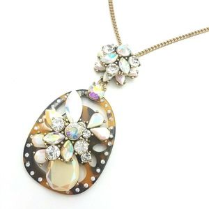 J Crew Faux Tortoise Shell Aurora Borealis Faceted Rhinestone Long Necklace 30"